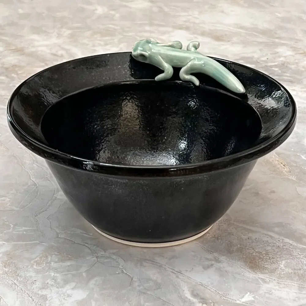 Handmade Black Ceramic Serving Bowl With Reactive Glaze & Green Lizard On Rim